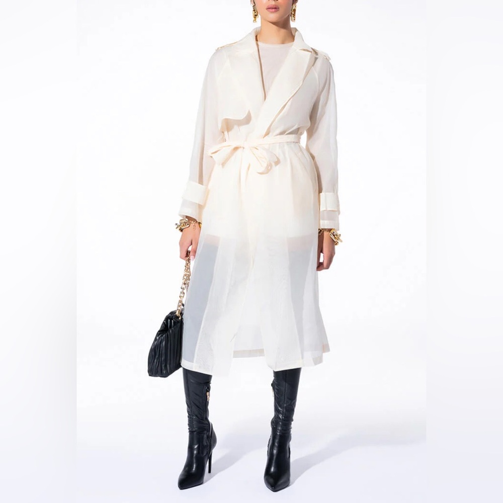Carmen Marc Valvo Sheer Cream Silk Organza Elegant Trench Coat